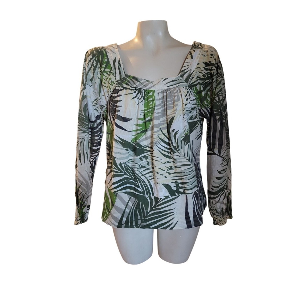 Elie Tahari Womens Tropical Print Long Sleeve Cotton Top Blouse S beach coastal